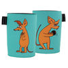 Two turquoise Emendo Moomin Cooler Sniff neoprene drink coolers show an orange cartoon kangaroo—one standing, one holding a black ball. Each has a black ENENDO label, making a charming addition to your collection.