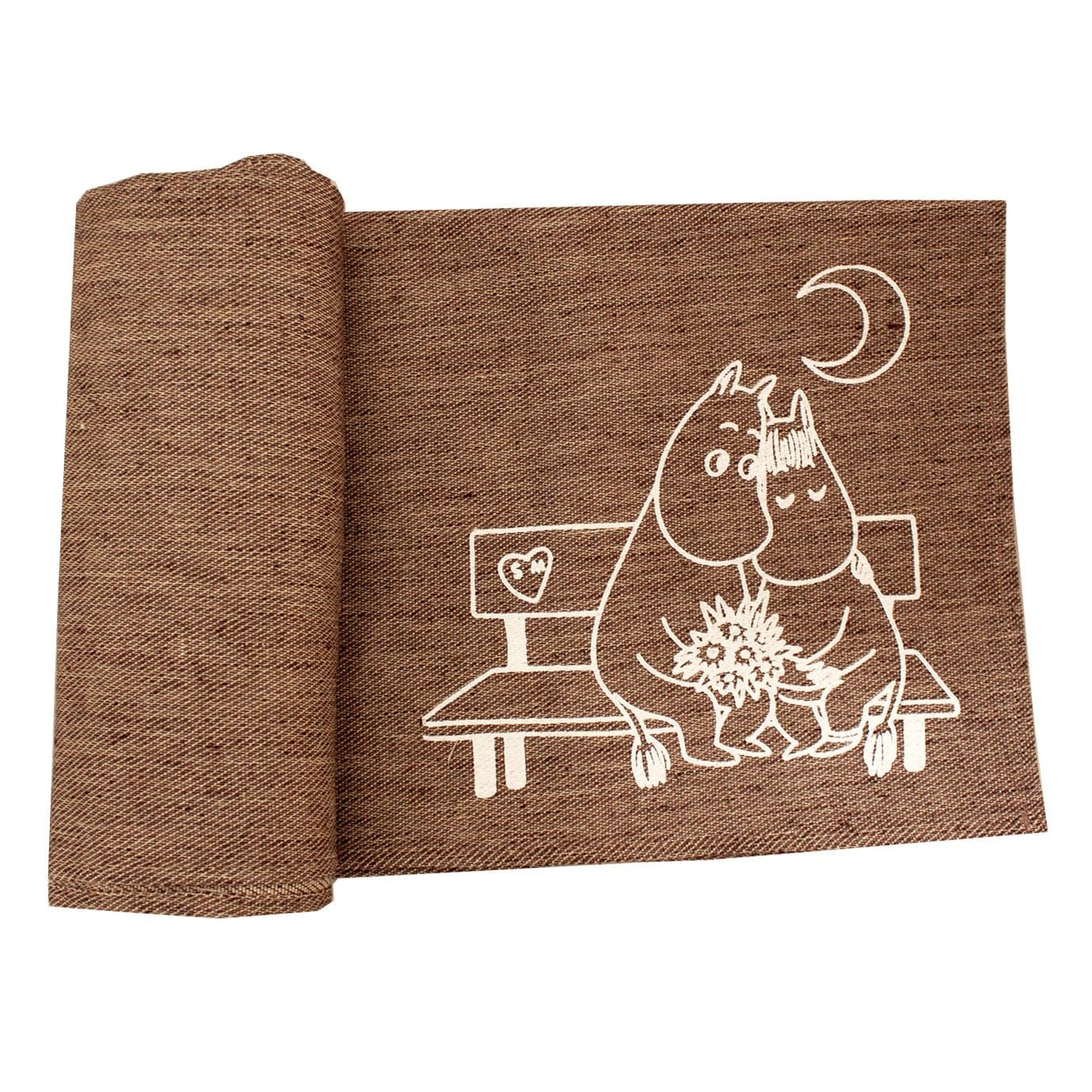 The Emendo Moomin Bench Cover by Emendo is a brown textured sauna bench cover featuring two cartoon Moomin characters sitting on a bench under a crescent moon, with one holding flowers.
