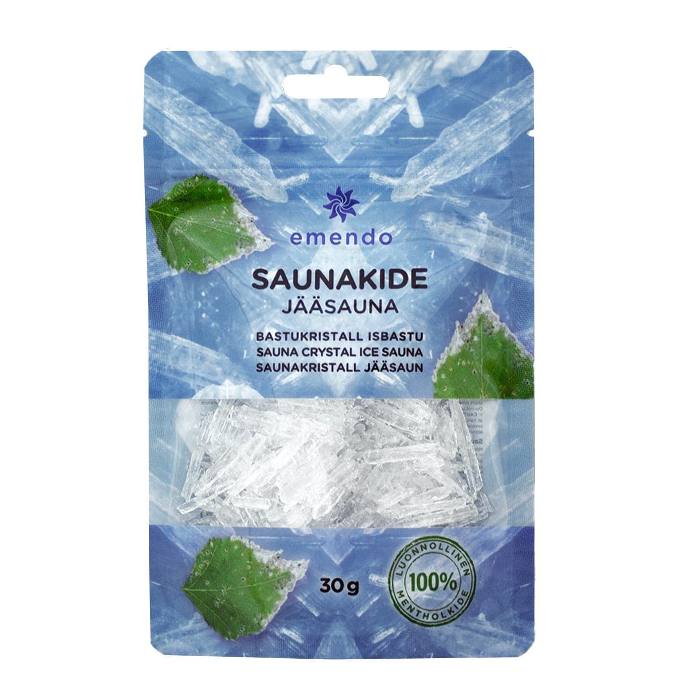 A 30g pack of Emendo Sauna Crystal Ice Sauna by Emendo features natural menthol crystals, green birch leaves, and blue packaging with Finnish, English, and Russian text. A “100% natural” label appears at the bottom right.