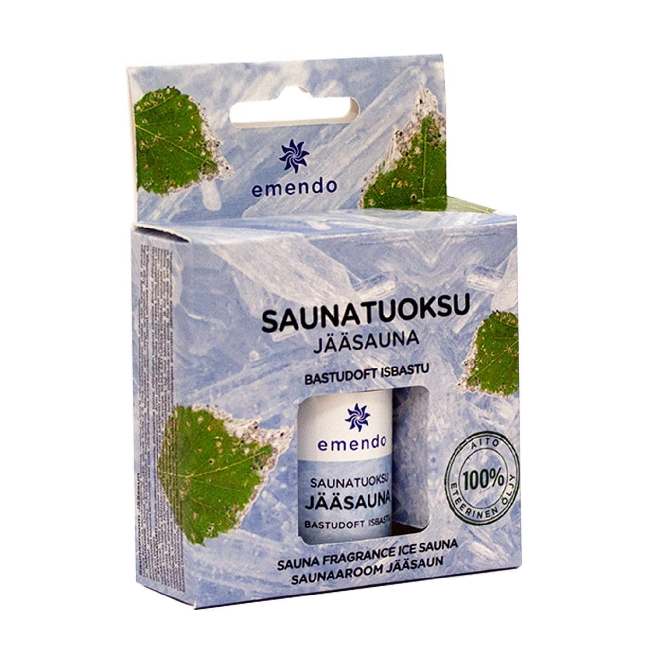 A box of Emendo Sauna Fragrance Ice Sauna by Emendo features icy blue graphics and green birch leaves. The package displays a small bottle of menthol essential oil visible through a cutout window.