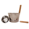 The Emendo Sauna Bucket & Ladle Steel set by Emendo features a stainless steel bucket with a wooden handle and a matching ladle, both essential sauna accessories.