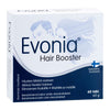 A box of Hankintatukku Evonia Hair Booster tablets, with blue silhouettes of a man and woman, supports hair health and targets male pattern baldness. The box (65g) contains 60 tablets with info in Finnish and English.