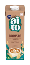 A 1-liter carton of Fazer Aito Oat Drink Barista by Fazer, designed for coffee. The packaging features oat stalks, coffee beans, a latte art cup on a brown and teal background, and is labeled vegan.