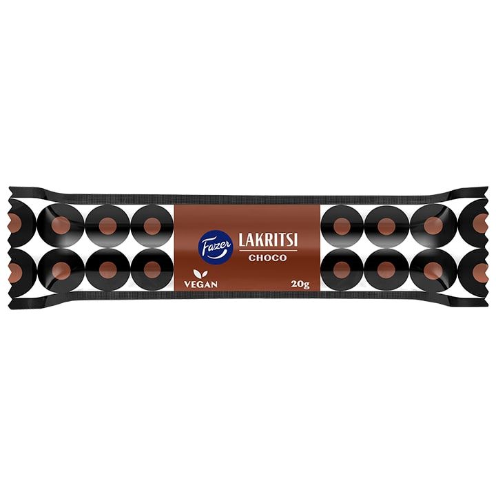 The Fazer Choco Liquorice Stick by Fazer comes in black and brown vegan packaging (20g), featuring images of round liquorice chocolate treats with creamy centers.