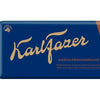 A blue and brown Fazer wrapper with gold lettering showcases milk chocolate squares and chopped hazelnuts. The text reads "Fazer Chopped Hazelnuts Milk Chocolate.