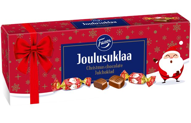A red box of Fazer Christmas Chocolates Praline by Fazer, featuring festive patterns, a red bow, and a cartoon Santa Claus. The front shows chocolates and wrapped candies like gingerbread truffle chocolate.