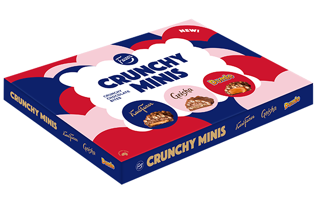 A rectangular Fazer Crunchy Minis Chocolate Bites box by Fazer features Finnish treats—Fazermint, Geisha, and Dumle—on a colorful background with clouds and bold lettering.