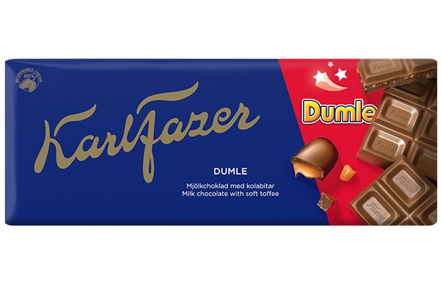Fazer Dumle Milk Chocolate by Fazer features soft toffee in milk chocolate, wrapped in blue and red packaging with gold lettering and the classic Dumle logo—a delicious Finnish chocolate treat.