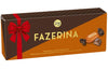 A rectangular box of Fazer Fazerina Praline by Fazer, featuring Finnish chocolate with orange truffle filling. The brown and orange packaging includes a red ribbon, bow, the Fazer logo, and an enticing image of the pralines.