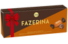 A rectangular box of Fazer Fazerina Praline by Fazer, featuring Finnish chocolate with orange truffle filling. The brown and orange packaging includes a red ribbon, bow, the Fazer logo, and an enticing image of the pralines.