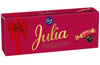 A rectangular red box of Fazer Julia Chocolate Praline by Fazer, featuring a red ribbon graphic, large gold "Julia" script, and images of a wrapped chocolate and one with jelly filling.