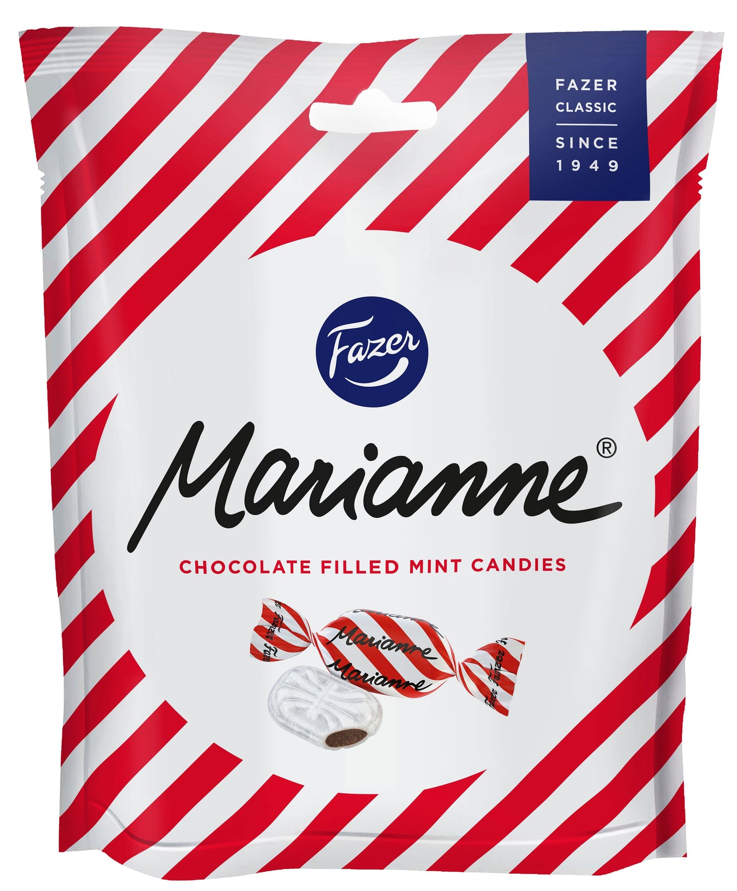 A bag of Fazer Marianne by Fazer, a gluten-free candy filled with Finnish peppermint chocolate. The packaging features red and white stripes, the Fazer logo, images of candies, and the text "Chocolate Filled Mint Candies.