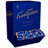 The Fazer Milk Chocolate Praline Big Box features a blue display box with gold branding, filled with individually wrapped Finnish pralines made from fresh milk for a luxurious treat.