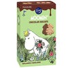 Fazer Moomin Chocolate Biscuits by Fazer come in a box showing a white Moomin among flowers. The packaging highlights Finnish Moomin-shaped chocolate biscuits that are palm oil free.