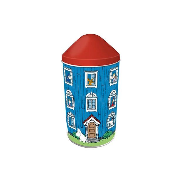 The Fazer Moomin Fudge Tin is a blue cylindrical tin shaped like a house with a red roof lid and Moomin characters, filled with Fazer’s creamy Finnish caramel fudge.