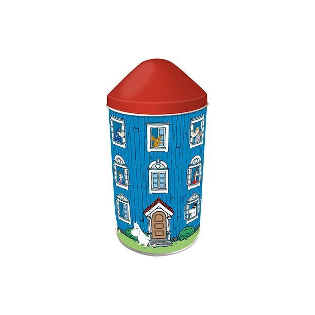 The Fazer Moomin Fudge Tin is a blue cylindrical tin shaped like a house with a red roof lid and Moomin characters, filled with Fazer’s creamy Finnish caramel fudge.