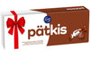 A white box of Fazer Pätkis Praline by Fazer features a red ribbon and bow graphic, with two unwrapped mint truffle chocolates covered in milk chocolate displayed on the right side.