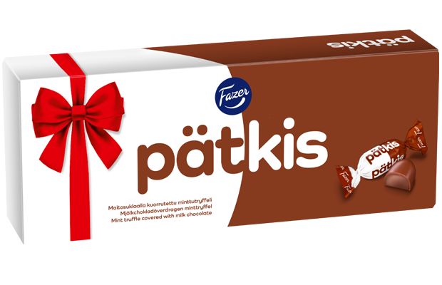 A white box of Fazer Pätkis Praline by Fazer features a red ribbon and bow graphic, with two unwrapped mint truffle chocolates covered in milk chocolate displayed on the right side.