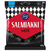 A 200g bag of Fazer Salmiakki Mix vegan salty liquorice candy by Fazer, with black, white, and red packaging, SALMIAKKI MIX text, a vegan label, and a small Finnish flag. Classic Finnish salmiakki taste.