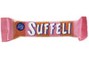 Suffeli candy bar with pink wrapper on a white background
