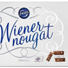 Fazer Wiener Nougat Almond Pralines by Fazer come in a white box with elegant blue script and swirls, featuring images of both wrapped and unwrapped almond pralines in the bottom right corner. A classic Finnish confectionery.