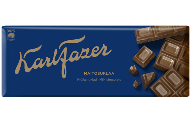 A blue wrapper labeled Fazer Milk Chocolate features gold script and an image of broken creamy Finnish chocolate on the right. Best before 02.01.2026.