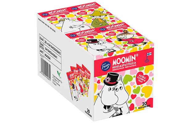 Fazer Moomin Fruit Pastilles: Vegan candy with natural flavours, packed in a box featuring colorful hearts and Moomin character illustrations. The Fazer packaging displays 20 individual packs on the front and side views.