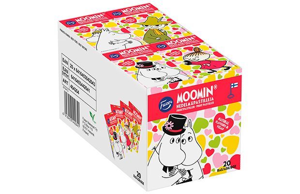 Fazer Moomin Fruit Pastilles: Vegan candy with natural flavours, packed in a box featuring colorful hearts and Moomin character illustrations. The Fazer packaging displays 20 individual packs on the front and side views.