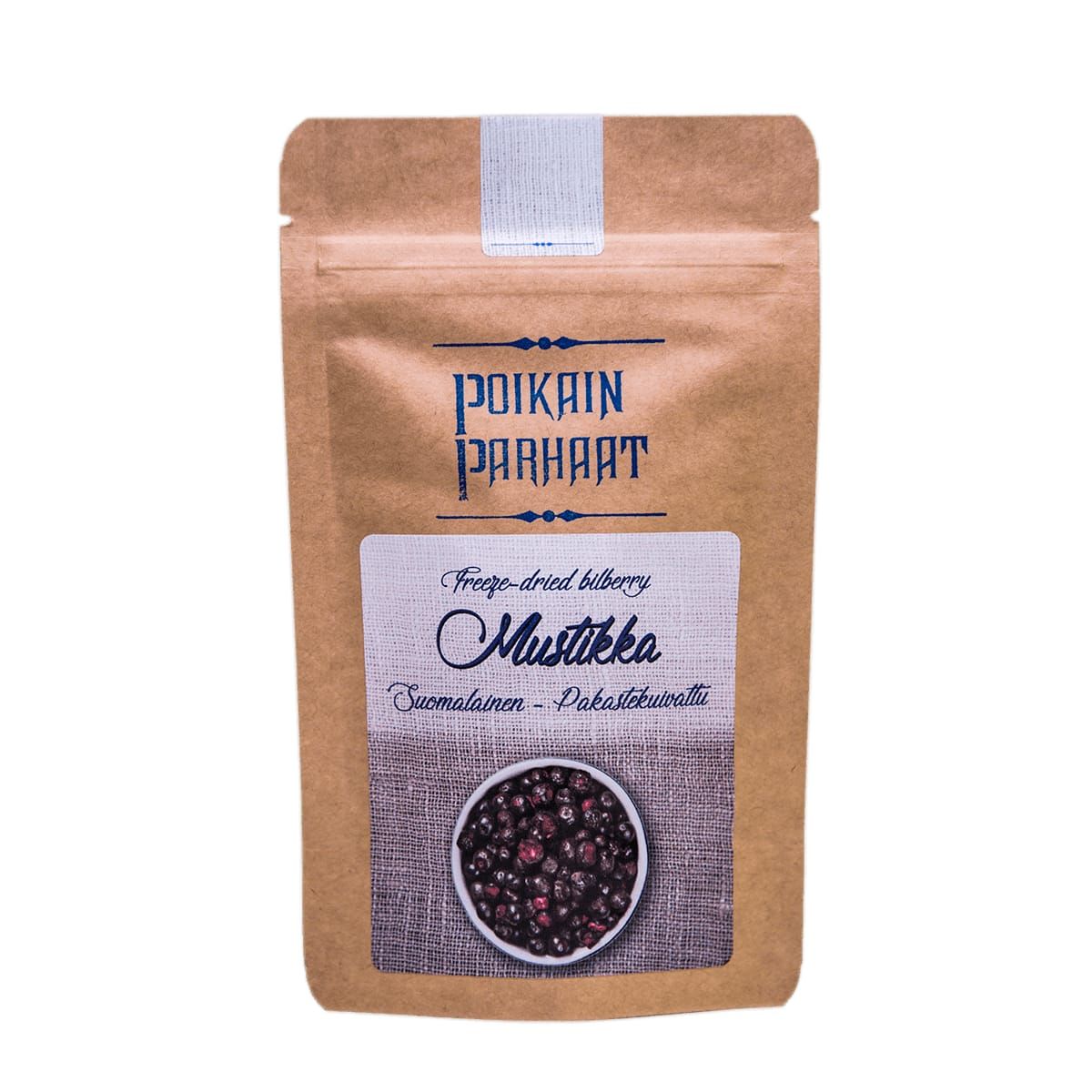 A white, resealable pouch labeled "Poikain Parhaat Finnish Freeze Dried Bilberry" features Finnish text and a bilberry image on the front.
