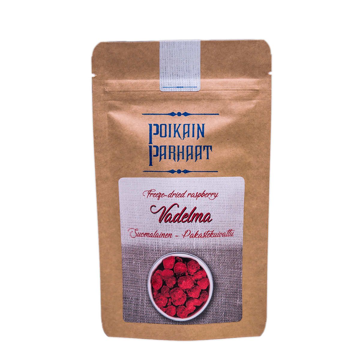 A brown resealable bag labeled Poikain Parhaat contains Finnish Freeze Dried Raspberry (Vadelma), featuring an image of these superfood berries on the front.