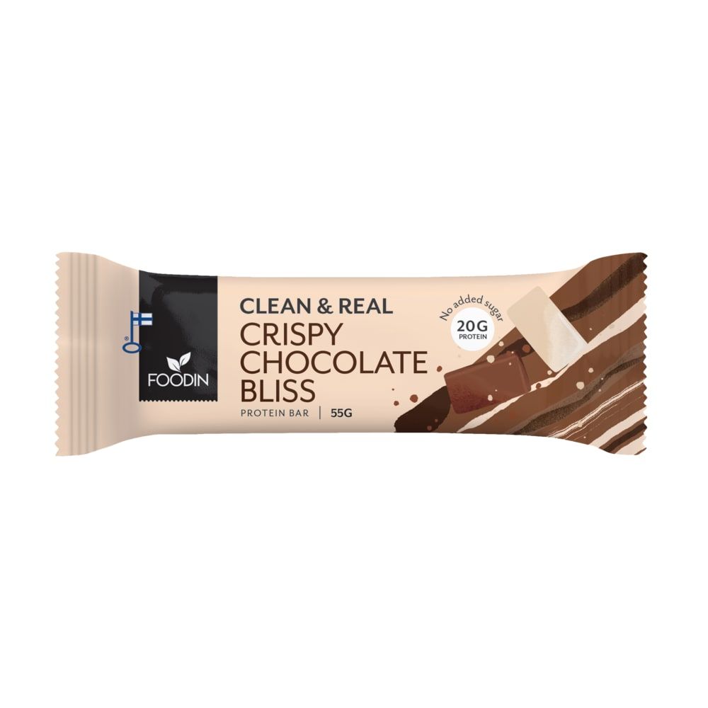 A beige and brown Foodin Clean & Real Protein Bar Crispy Chocolate Bliss wrapper, 55g, features chocolate graphics, 20g protein, and no added sugar.