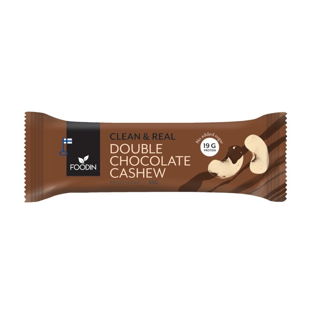 The Foodin Clean & Real Protein Bar Double Chocolate Cashew is a high-protein bar with 19g protein, featuring cashew images, chocolate swirl graphics, and the Finnish flag on the brown wrapper.