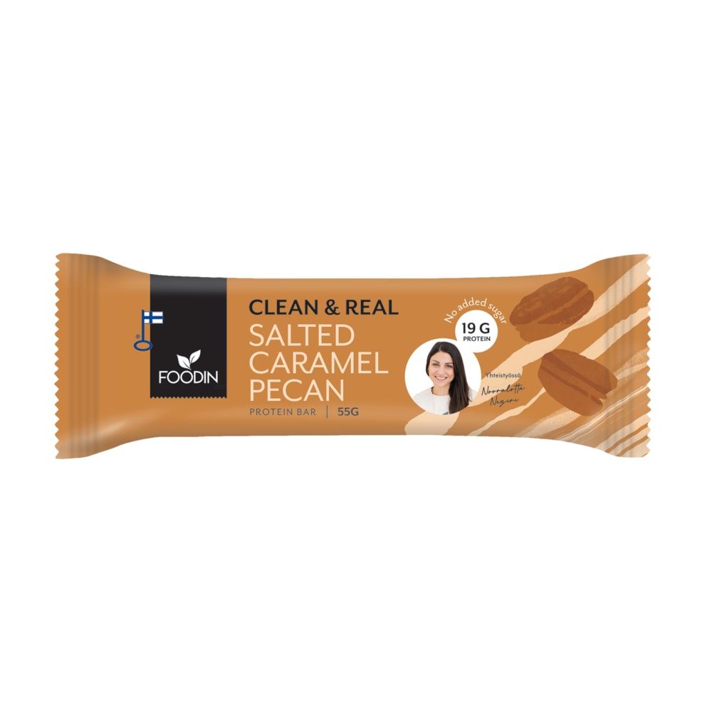 A brown and beige Foodin Clean & Real Protein Bar Salted Caramel Pecan wrapper shows pecans, "19g protein" text, and a small photo of a smiling woman.