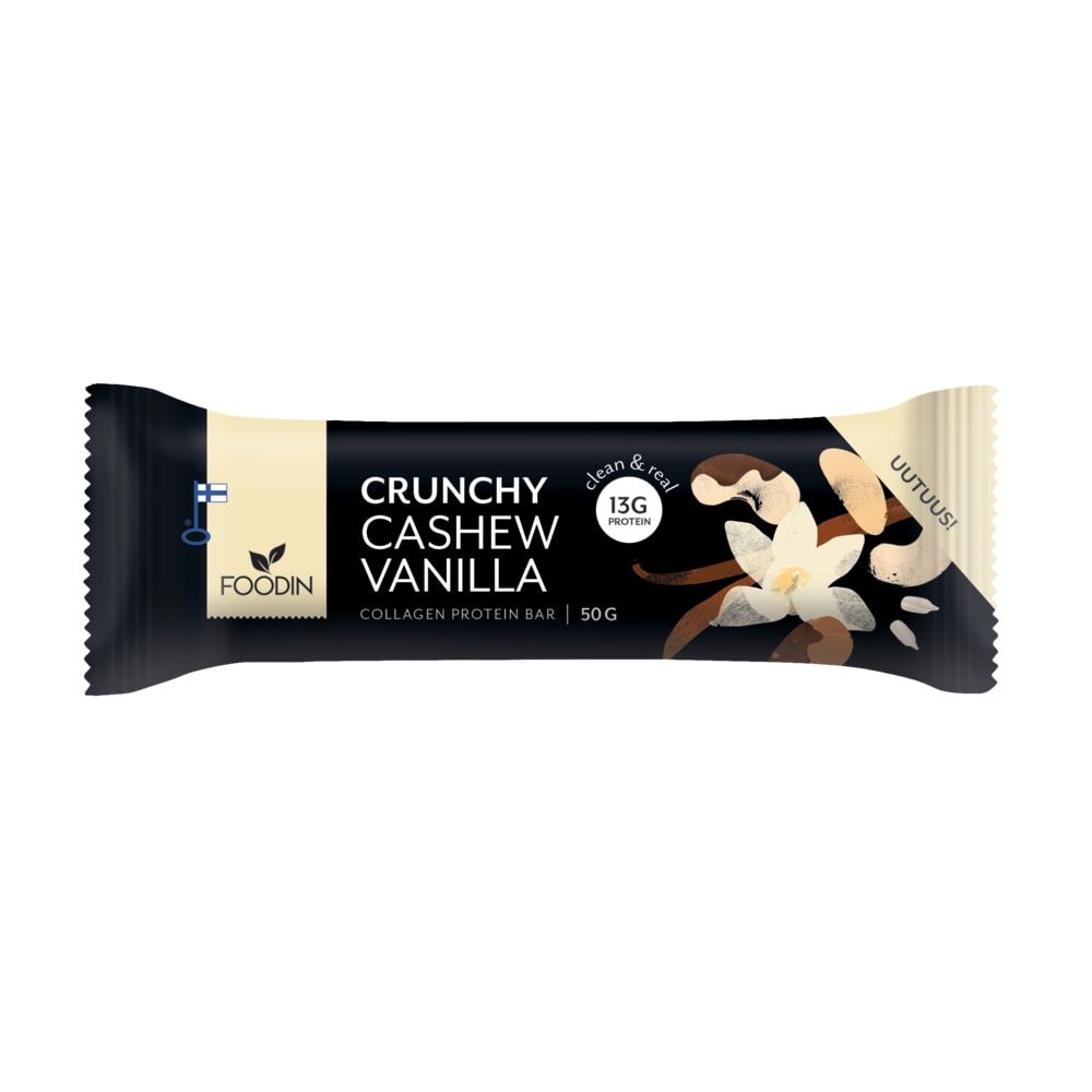 A black and beige wrapper of the Foodin Collagen Protein Bar Crunchy Cashew-Vanilla features cashew and vanilla flower illustrations. The label highlights 13g grass-fed collagen protein per 50g bar. Brand: Foodin.