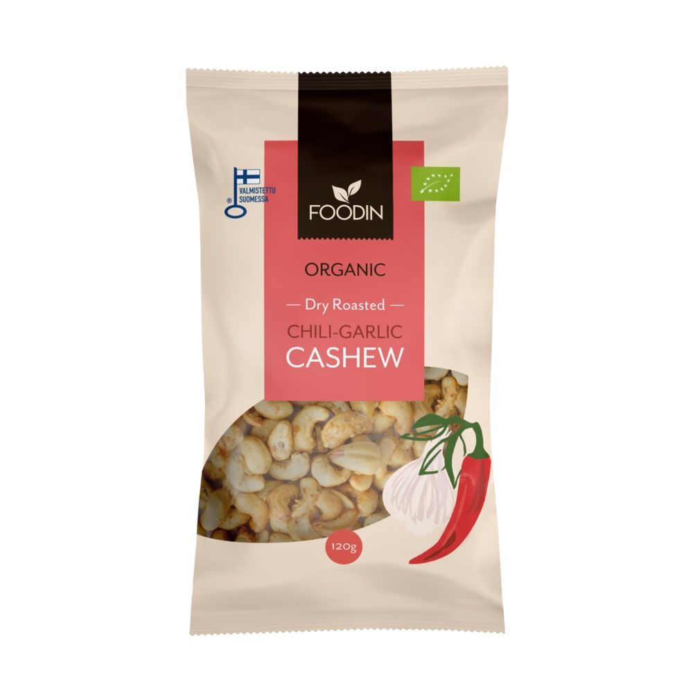 A bag of Foodin Organic Chili-Garlic Cashew features images of garlic, red chili pepper, and cashews on the package, plus organic and Finnish certification symbols for this spicy snack.
