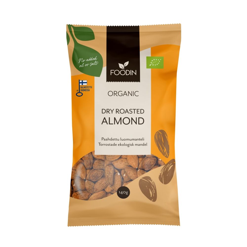 A 140g yellow and brown Foodin Organic Dry Roasted Almond bag features a clear window showing whole almonds, with organic certification and Finnish flag labels—a healthy snack from Foodin.