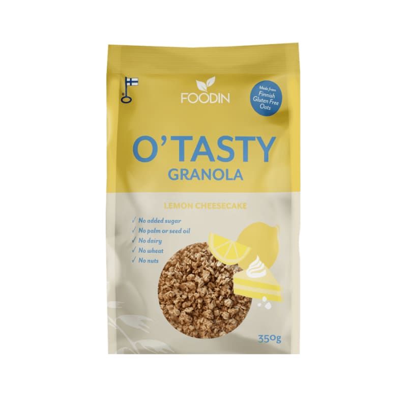 A yellow and white 350g bag of Foodin O’Tasty Kauragranola Lemon Cheesecake, made with gluten-free oats, no added sugar, and free from palm oil, seed oil, dairy, wheat, and nuts.