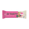 The Foodin O`Tasty Oat Bar Raspberry Muffin is a 25g gluten-free, plant-based snack in a pink and white wrapper with granola, raspberry, and muffin illustrations—ideal for a delicious on-the-go treat.