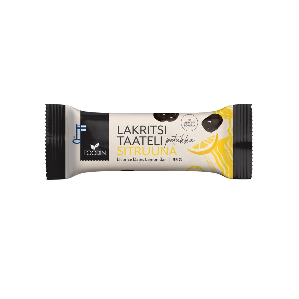 The Foodin Licorice Dates Bar Lemon is an organic snack in black, yellow, and white packaging with lemon and licorice images, providing slow-releasing energy throughout your day.