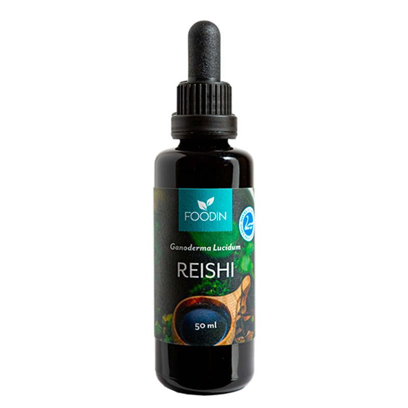 A dark glass dropper bottle labeled Foodin Reishi Extract, with a black cap, is set against a plain white background, highlighting this premium Finnish tincture made from dual-extracted reishi by Foodin.
