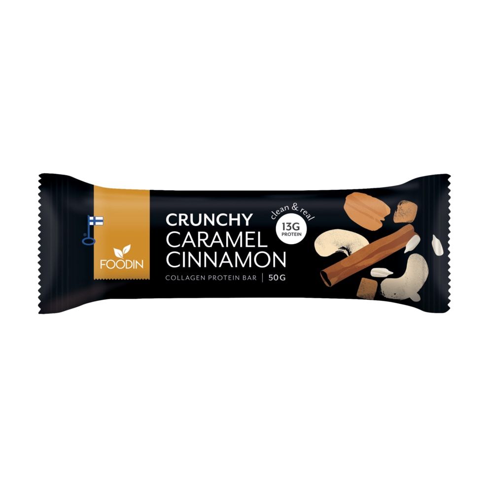 Foodin Collagen Protein Bar Crunchy Caramel Cinnamon features caramel cinnamon pieces, cashews, and 13g of grass-fed collagen protein in each 50g bar, wrapped in black and gold with the Foodin brand name.