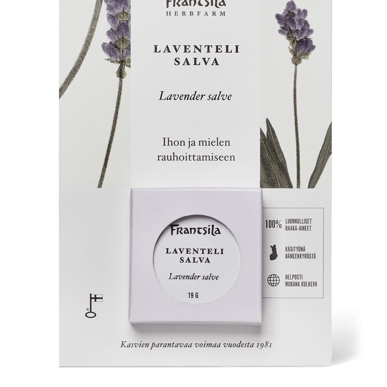 Frantsila Lavender Salve by Frantsila comes in a small round container with lavender illustrations and Finnish-English text, emphasizing natural skincare that soothes irritated skin and calms both skin and mind.