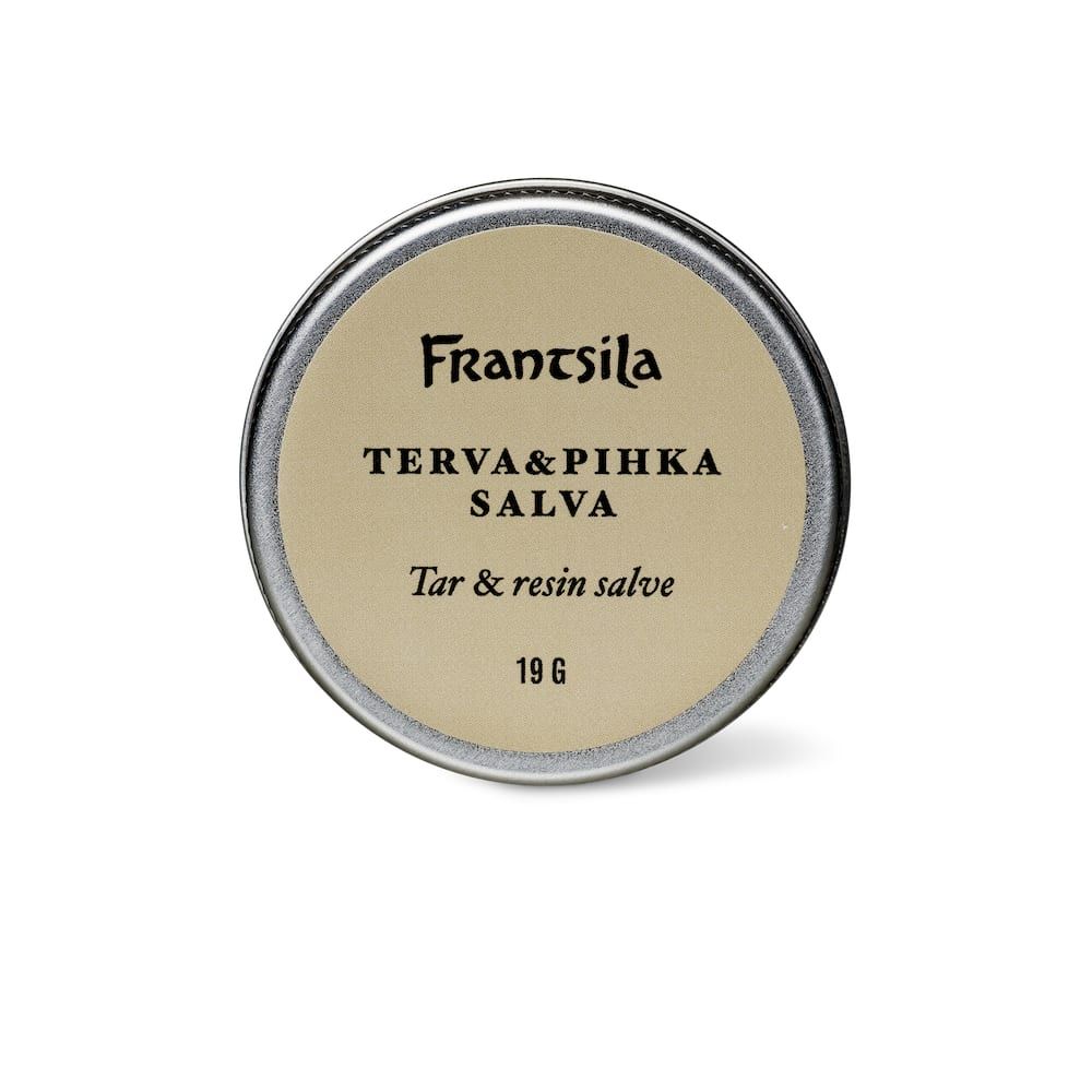 A round tin labeled "Frantsila Tar & Resin Salve" by Frantsila, 19g, known for relieving skin irritation, shown against a plain white background.