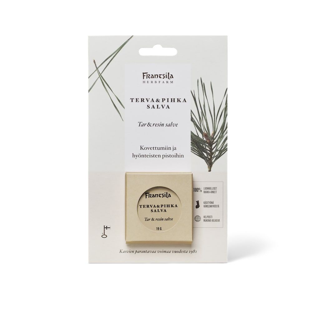 A package of Frantsila Tar & Resin Salve by Frantsila, featuring a pine branch design, jar image, and bilingual text highlighting this Finnish salve for hardened skin, insect bites, and irritation relief.
