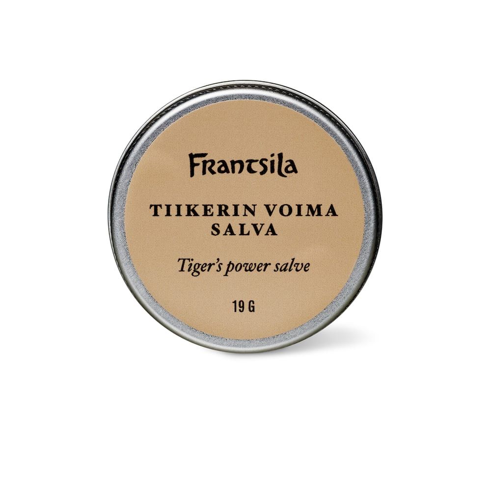Frantsila Tiger's Power Salve is a round-labeled container, perfect for storing natural muscle balm inspired by Traditional Chinese medicine.