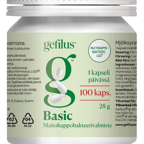 A white plastic bottle of Gefilus Lactic Acid Basic by Gefilus, featuring a green and white label that highlights LGG probiotic benefits, dosage instructions, and contains 100 capsules with capsule images.
