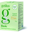 A green and white box of Gefilus Lactic Acid Basic gluten-free probiotic capsules by Gefilus, featuring a "g" with capsules, Finnish text, a Maitohappobakteeri LGG logo, and containing 20 daily probiotic capsules.