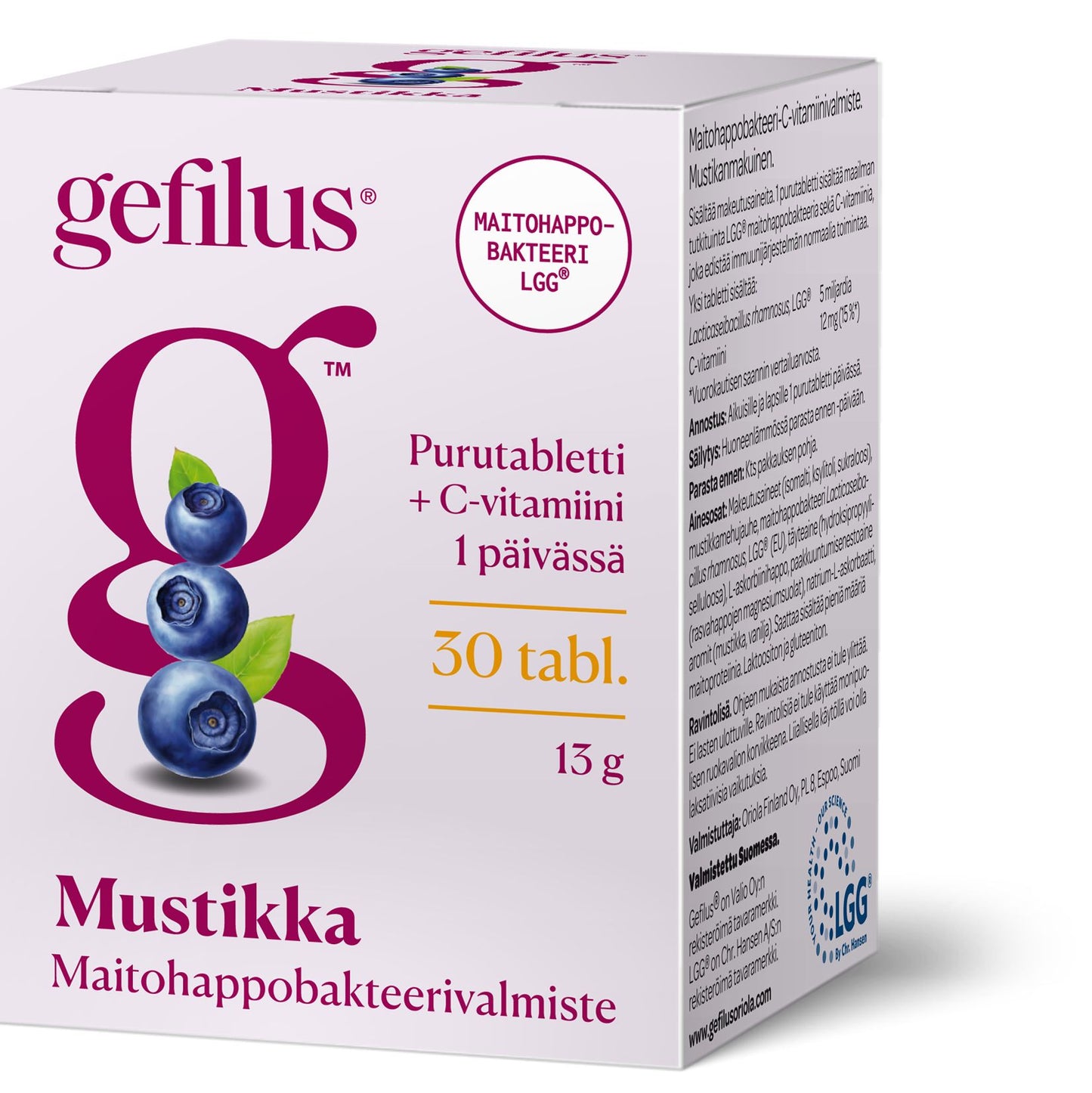 Una confezione di Gefilus Acido Lattico + Vitamina C Mirtillo Nero, un integratore probiotico masticabile finlandese con batteri LGG e vitamina C. La confezione bianca presenta scritte viola e gialle e immagini di mirtilli neri. Marca: Gefilus.