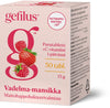 Gefilus Acido Lattico + Vitamina C Lampone e Fragola di Gefilus è disponibile in una confezione rosa e bianca con immagini di lamponi e fragole. Ogni confezione contiene 30 compresse masticabili con batteri lattici LGG per il supporto immunitario.