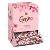 A pink Fazer Geisha Praline Big Box by Fazer, featuring floral designs, opens to reveal individually wrapped milk chocolates with soft hazelnut nougat filling. The pink wrappers add an elegant touch.